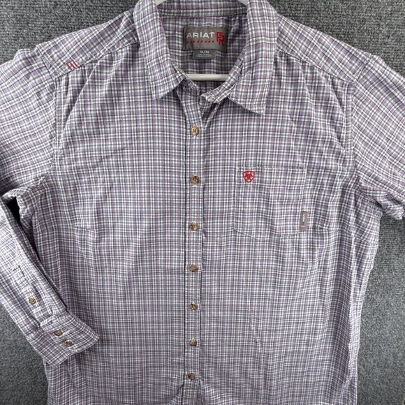 Ariat FR Women Button Up Shirt Purple Plaid Chest Pocket Logo Flame Resistant - Picture 1 of 14